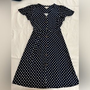 Monteau Navy Blue Polka Dot Dress - Stretch with Waist Tie - Size L